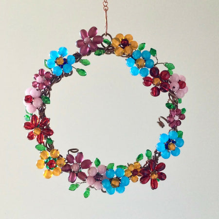 Colourful Floral Wreath with glass beads wire wrapped with copper