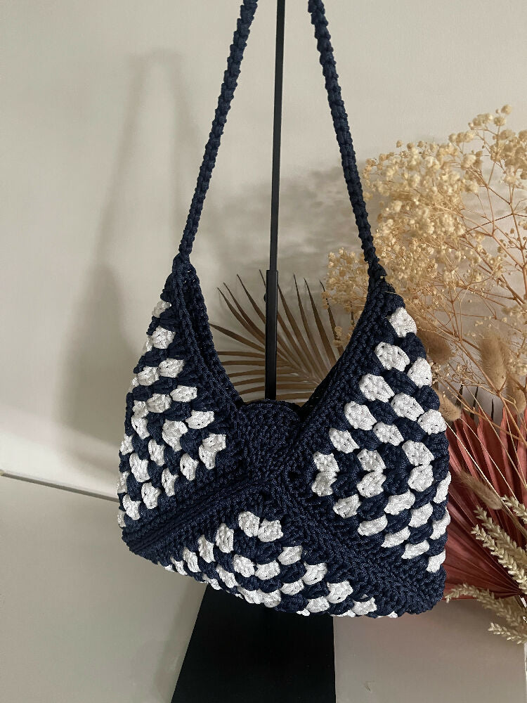 Handmade Crochet Shoulder Bag – Linen Lined, Navy/White