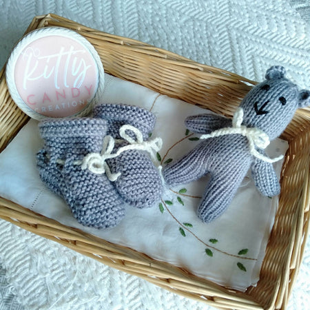 Handmade Knitted Teddy & Booties Set - (multiple colours)