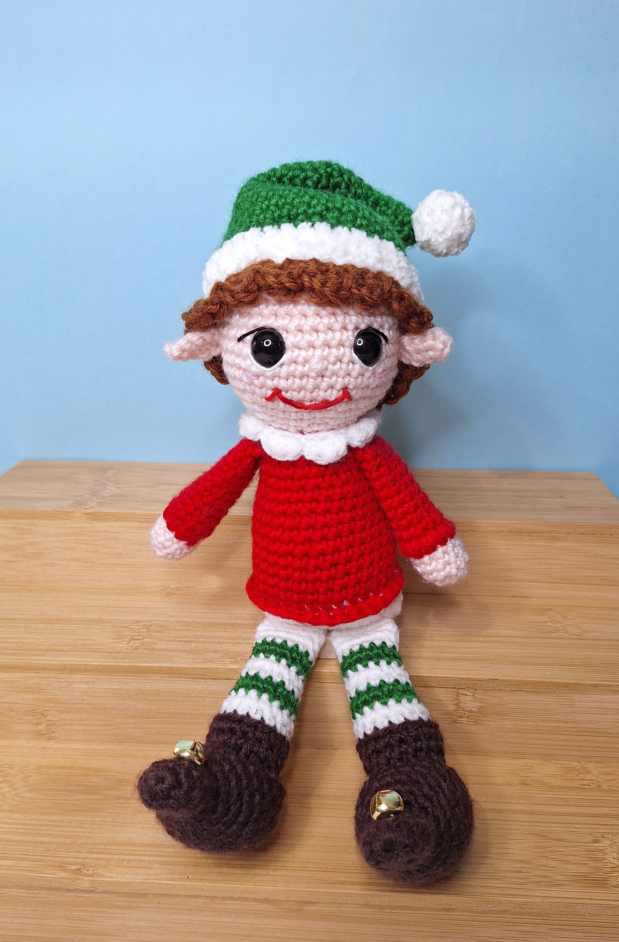 Crocheted Christmas Elf- designed to sit on a shelf