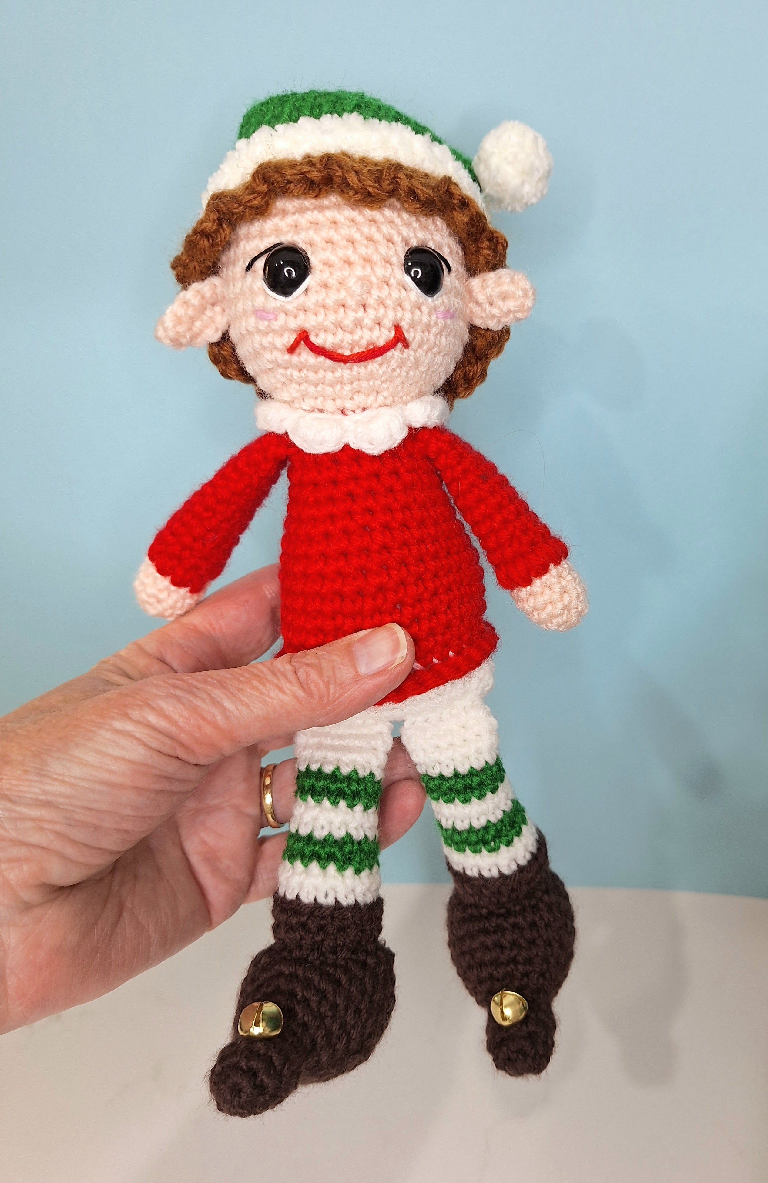 Crocheted Christmas Elf- designed to sit on a shelf
