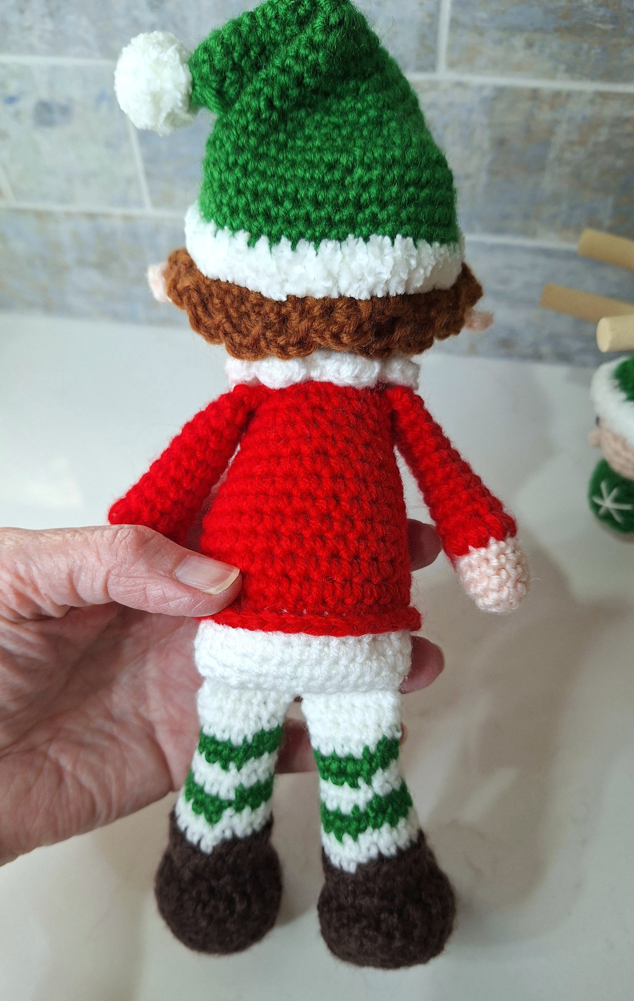 Crocheted Christmas Elf- designed to sit on a shelf