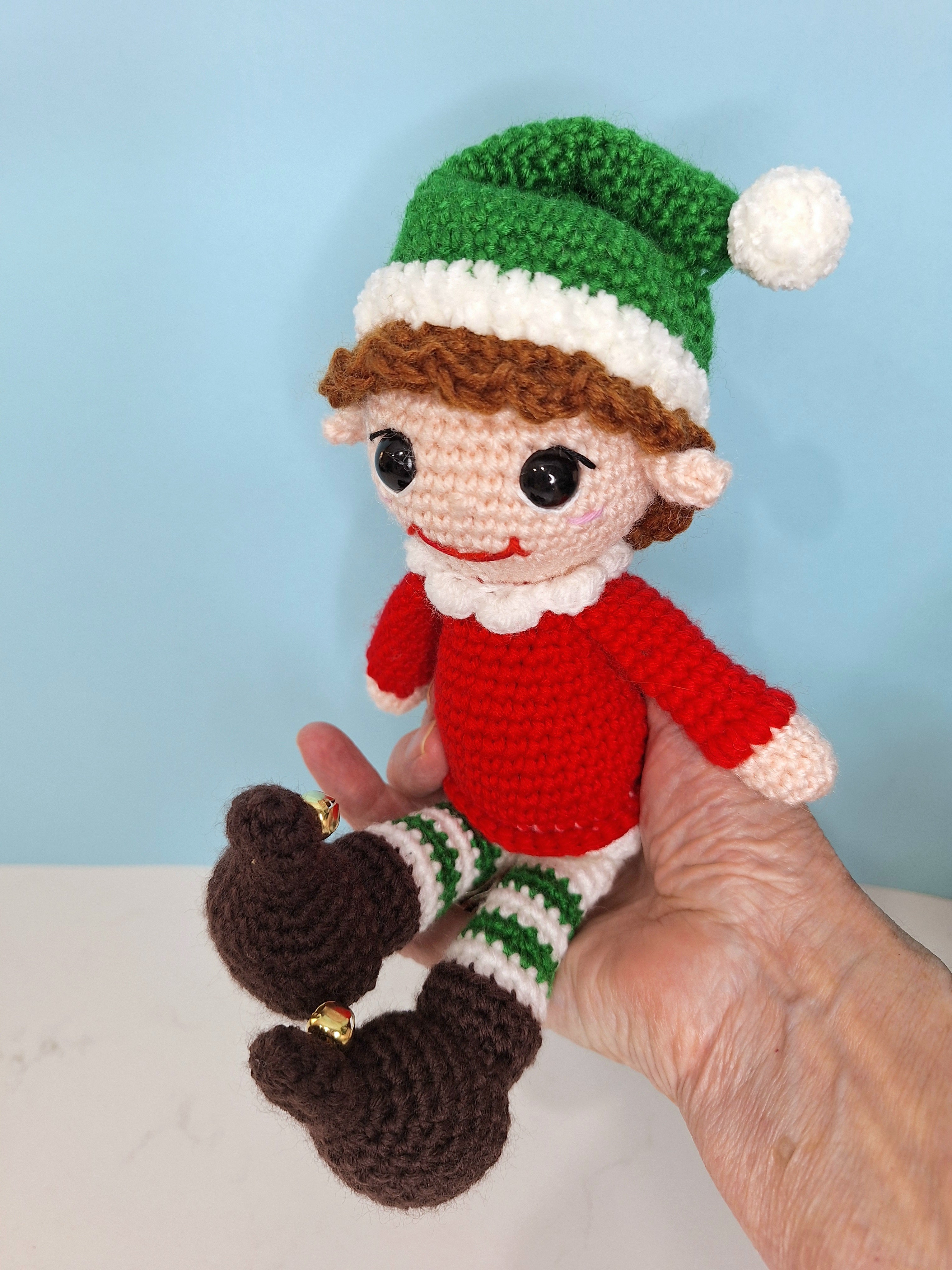Crocheted Christmas Elf- designed to sit on a shelf