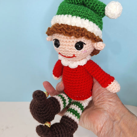 Crocheted Christmas Elf- designed to sit on a shelf