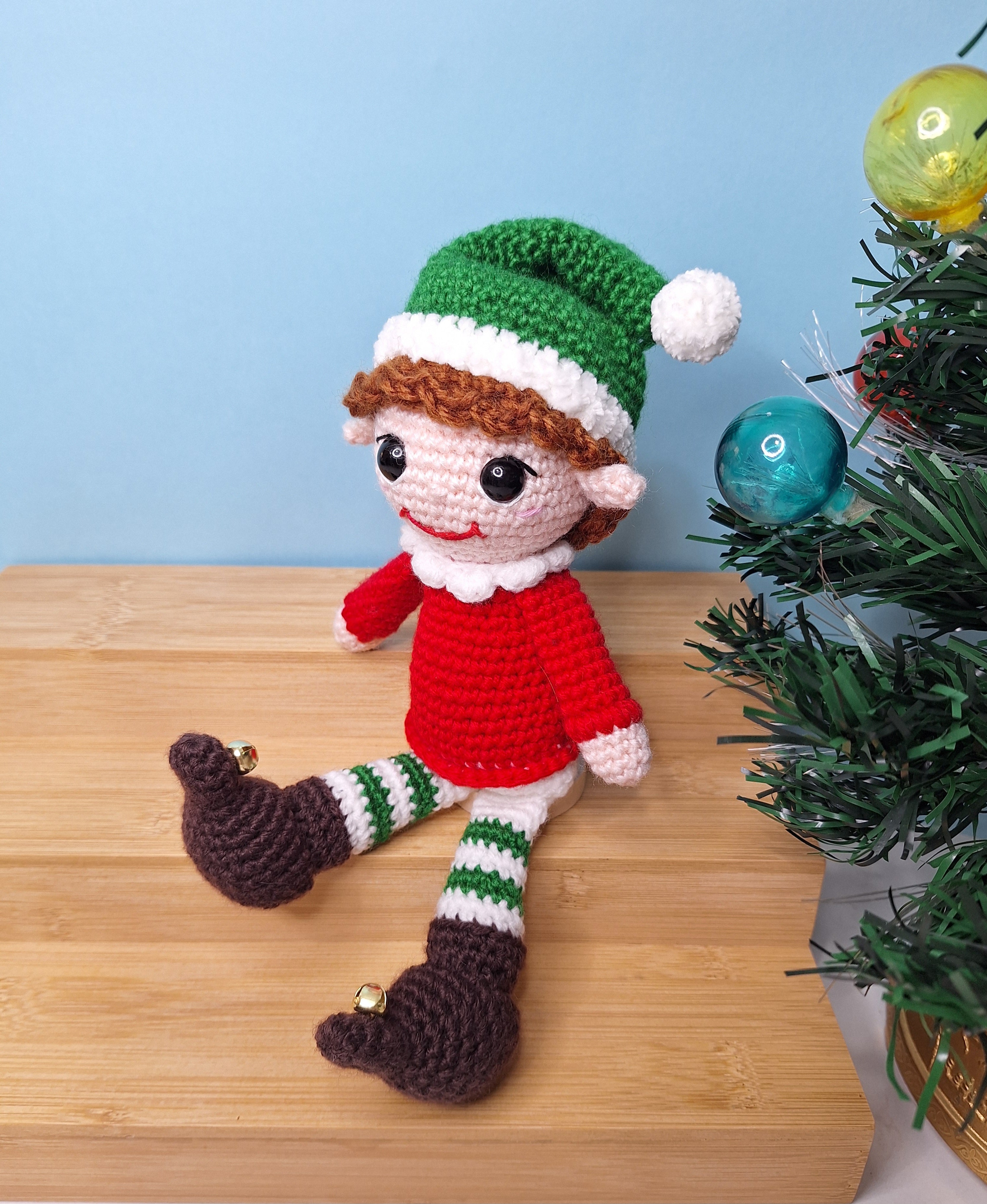 Crocheted Christmas Elf- designed to sit on a shelf