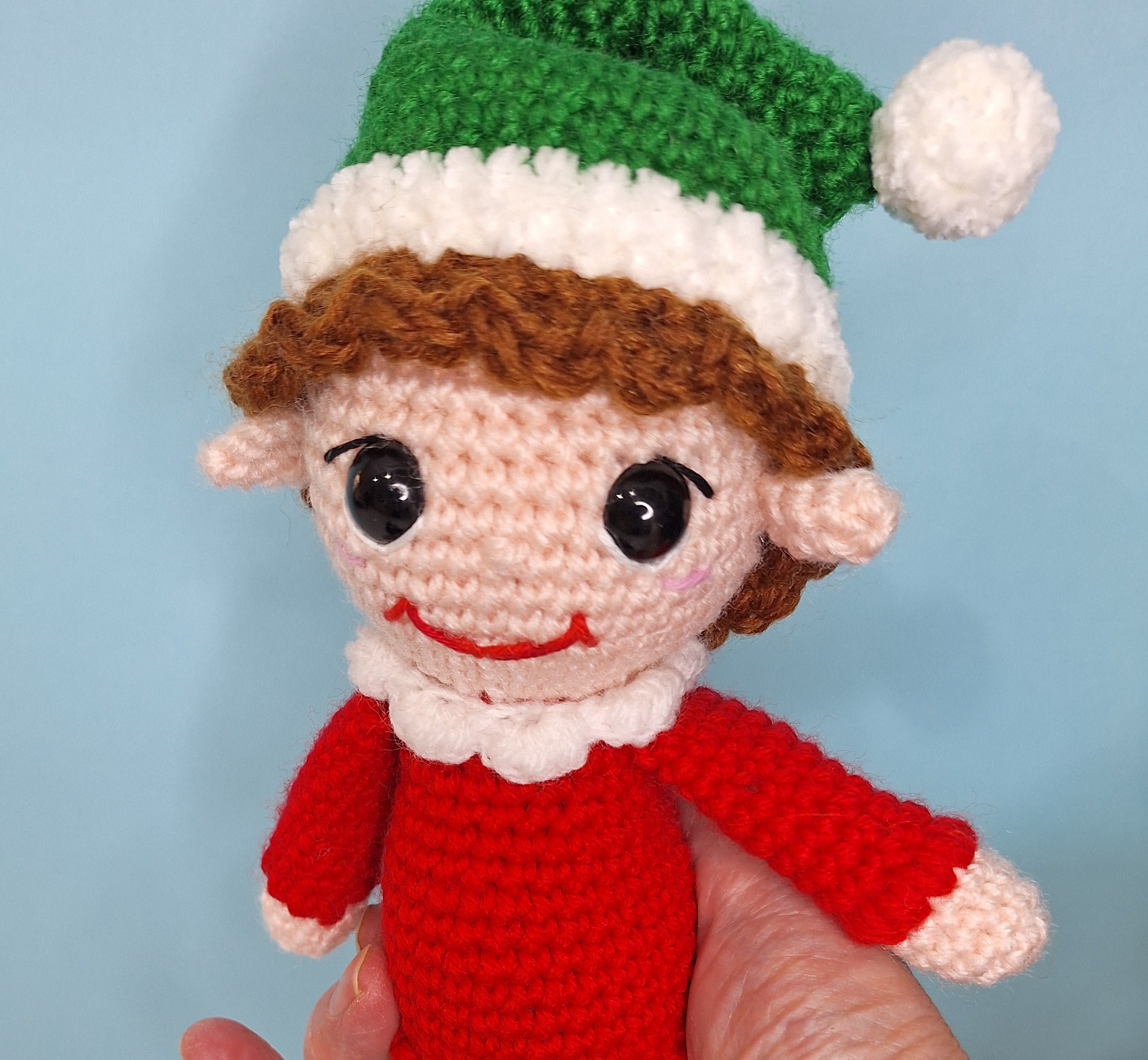 Crocheted Christmas Elf- designed to sit on a shelf