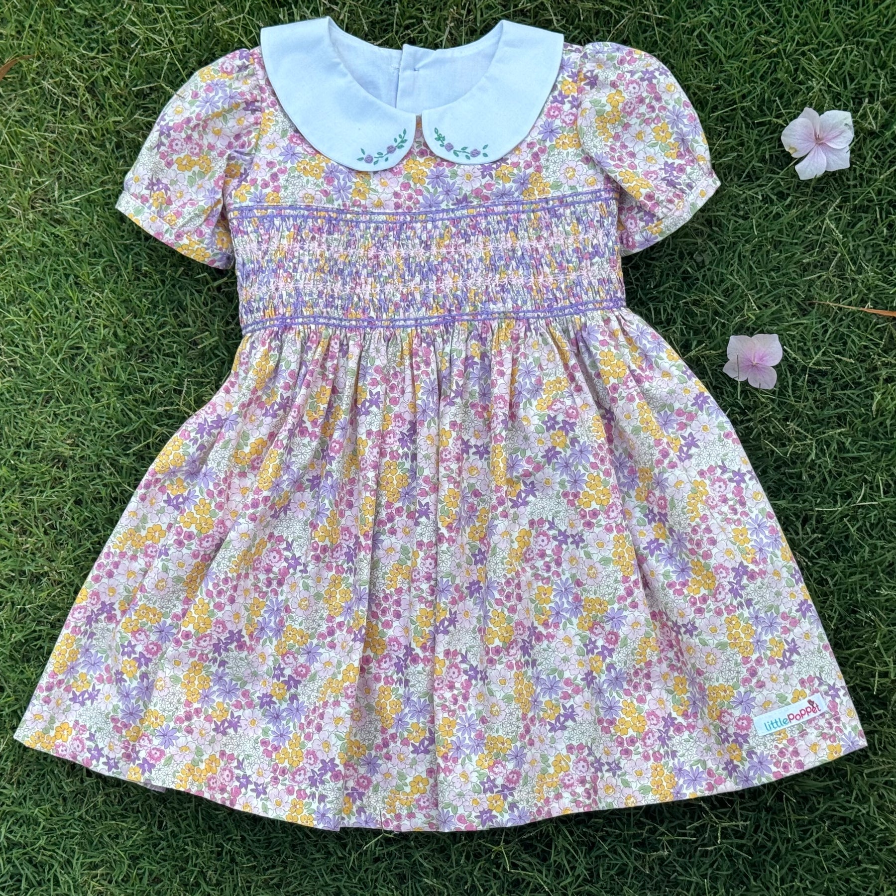 Girls' Vintage Floral Smocked Dress with Hand Embroidered Collars