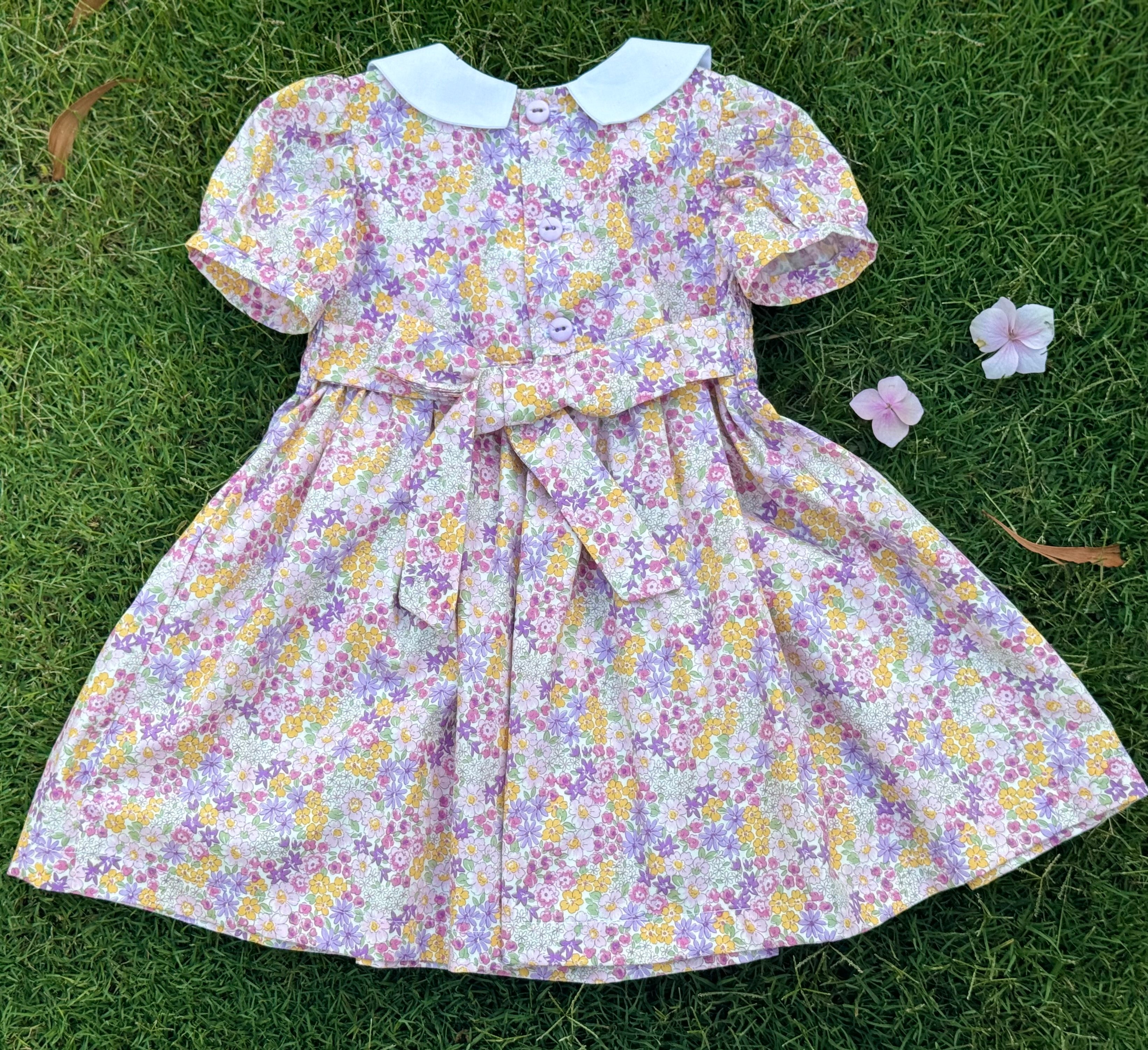 Girls' Vintage Floral Smocked Dress with Hand Embroidered Collars