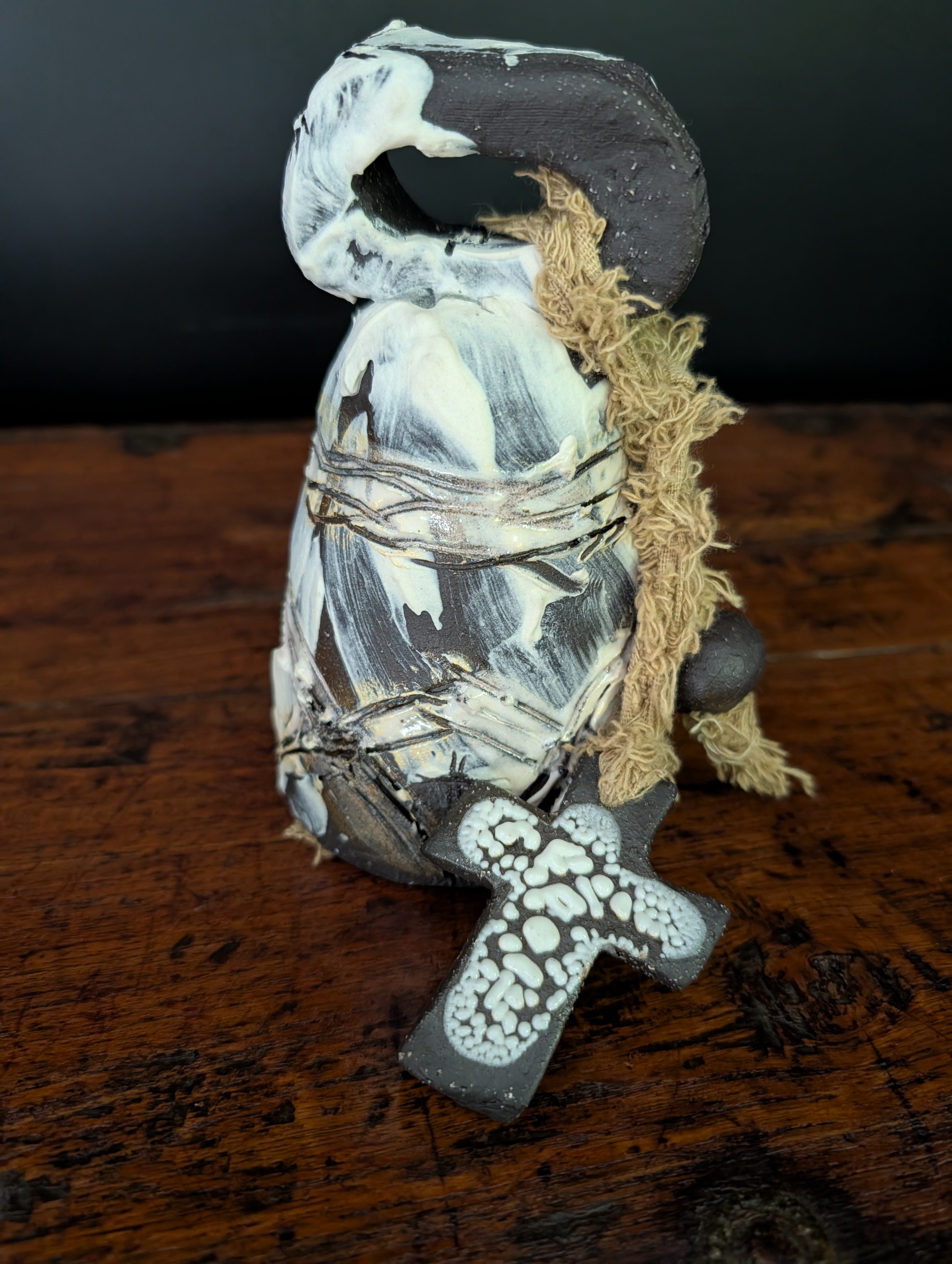 Large Handcrafted Ceramic Bell - Timeless, Rustic with Cross accents