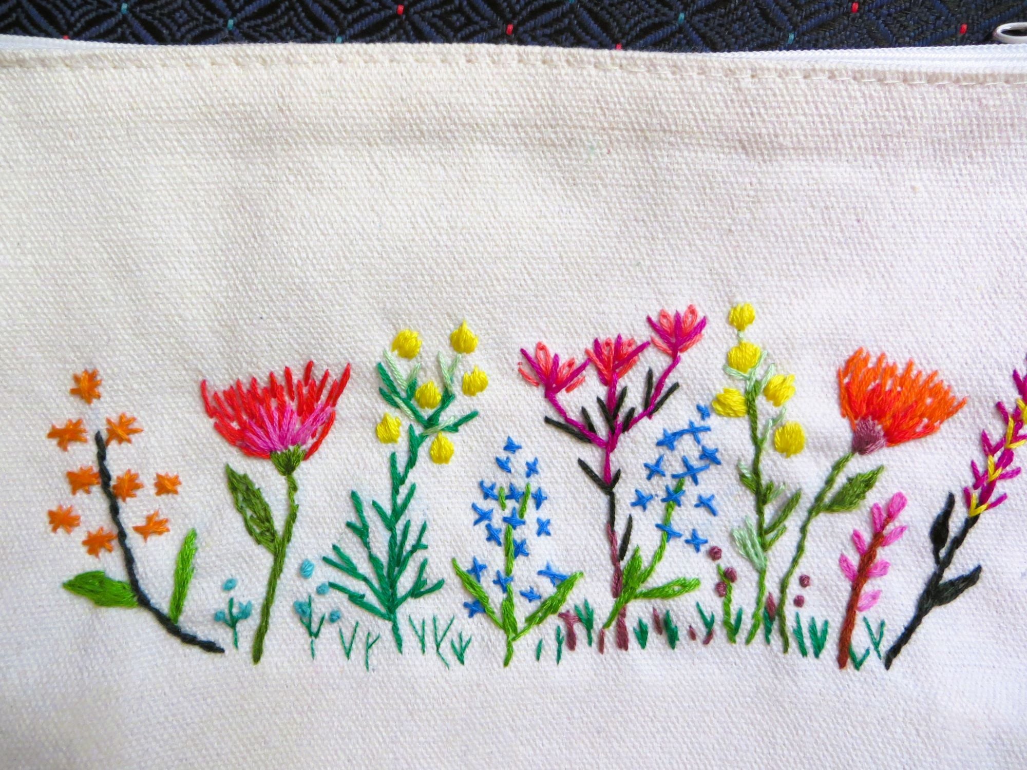 Hand Embroidered Pouch Bag: Australian Wildflowers Cotton Canvas