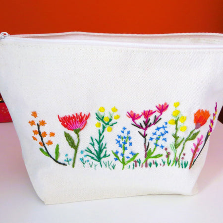 Hand Embroidered Pouch Bag: Australian Wildflowers Cotton Canvas