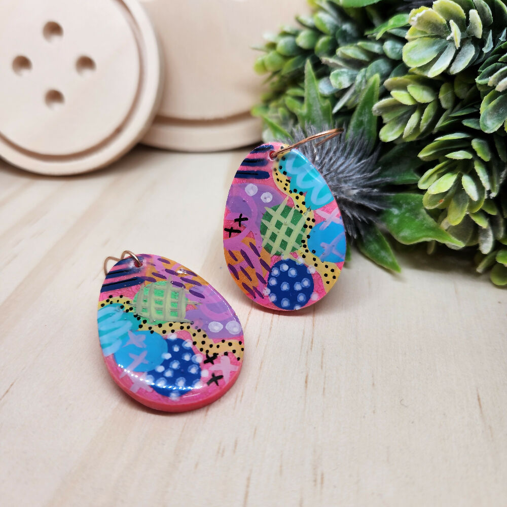 Dangle Earrings Gemma Oval Painted Handcast Resin Hook Earring