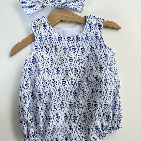 Baby summer outfit in genuine Liberty lawn - romper & hair-tie (blue floral)
