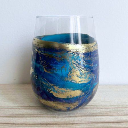 Purple, Teal Blue, Green and Gold Stemless Wine or Water Tumbler Glass