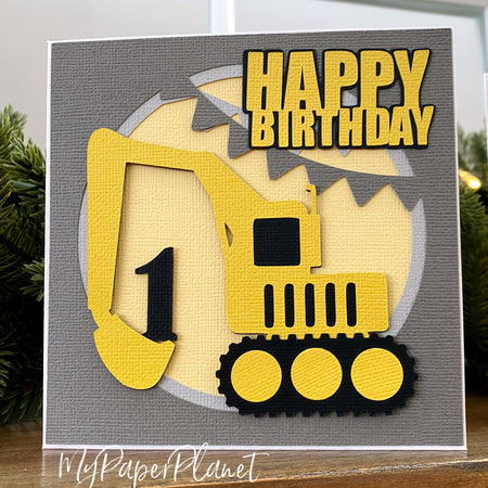 Age Construction Happy Birthday card, digger, truck, dozer.