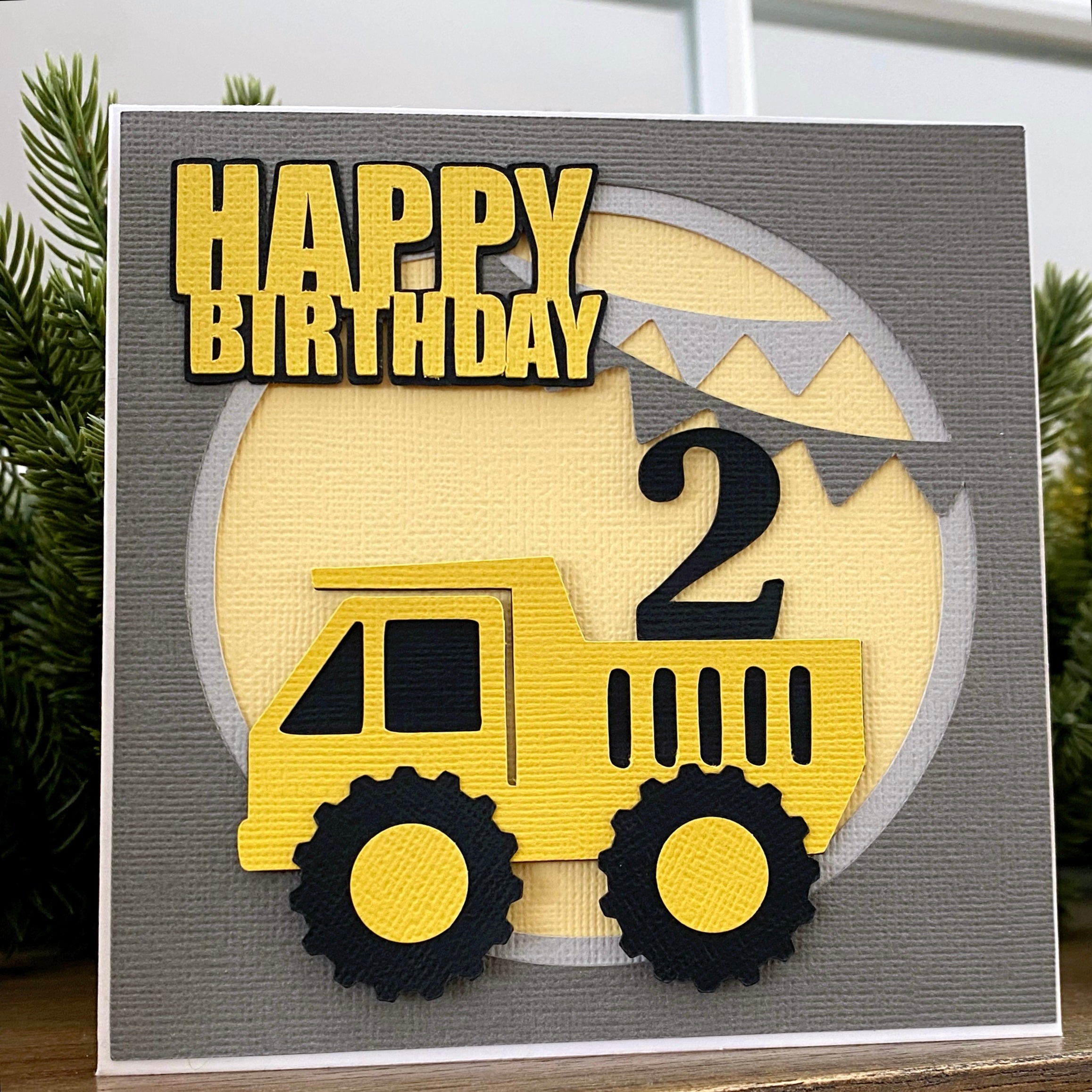 Age Construction Happy Birthday card, digger, truck, dozer.