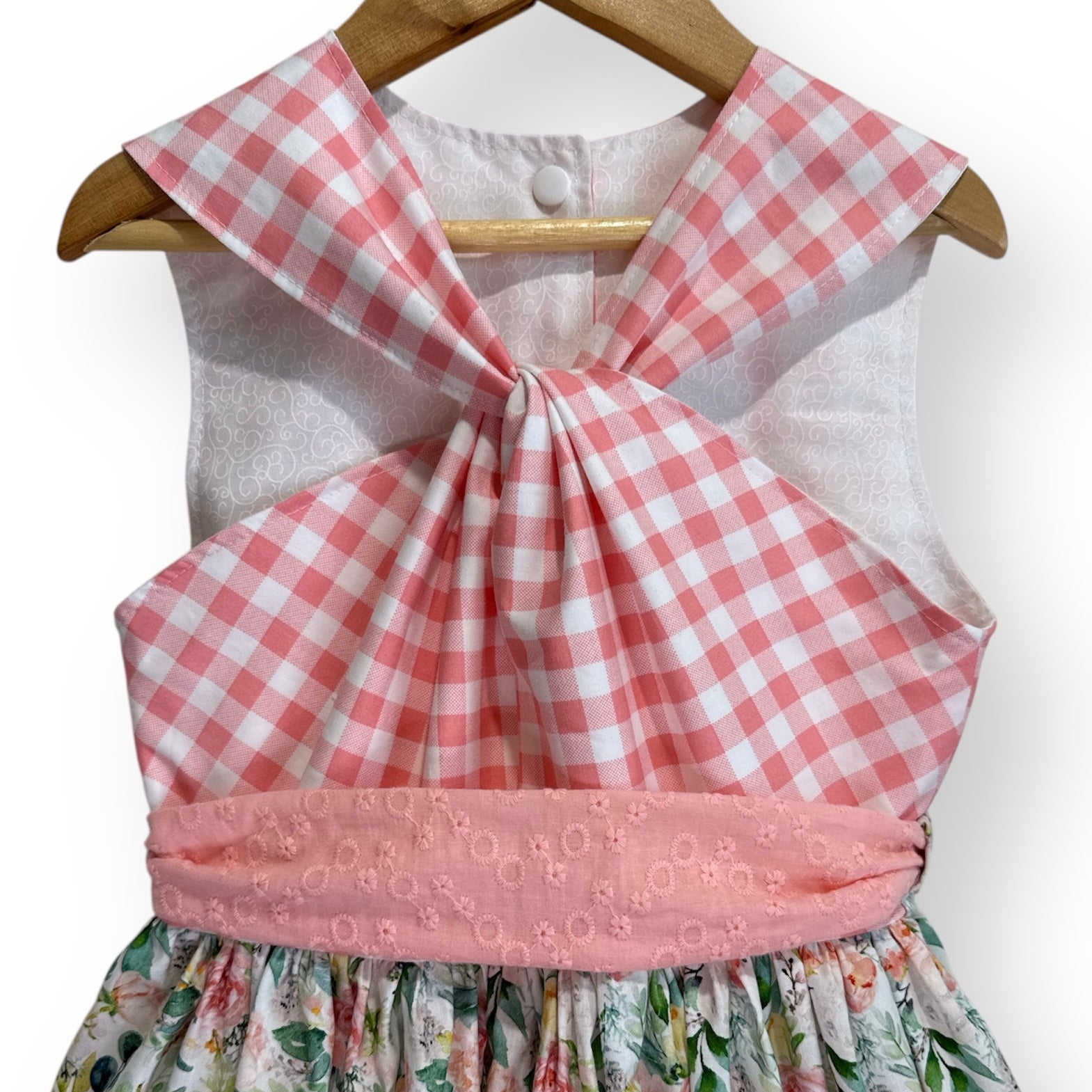 Azalea Dress – Draped Gingham Bodice & Floral Skirt (Size 8)