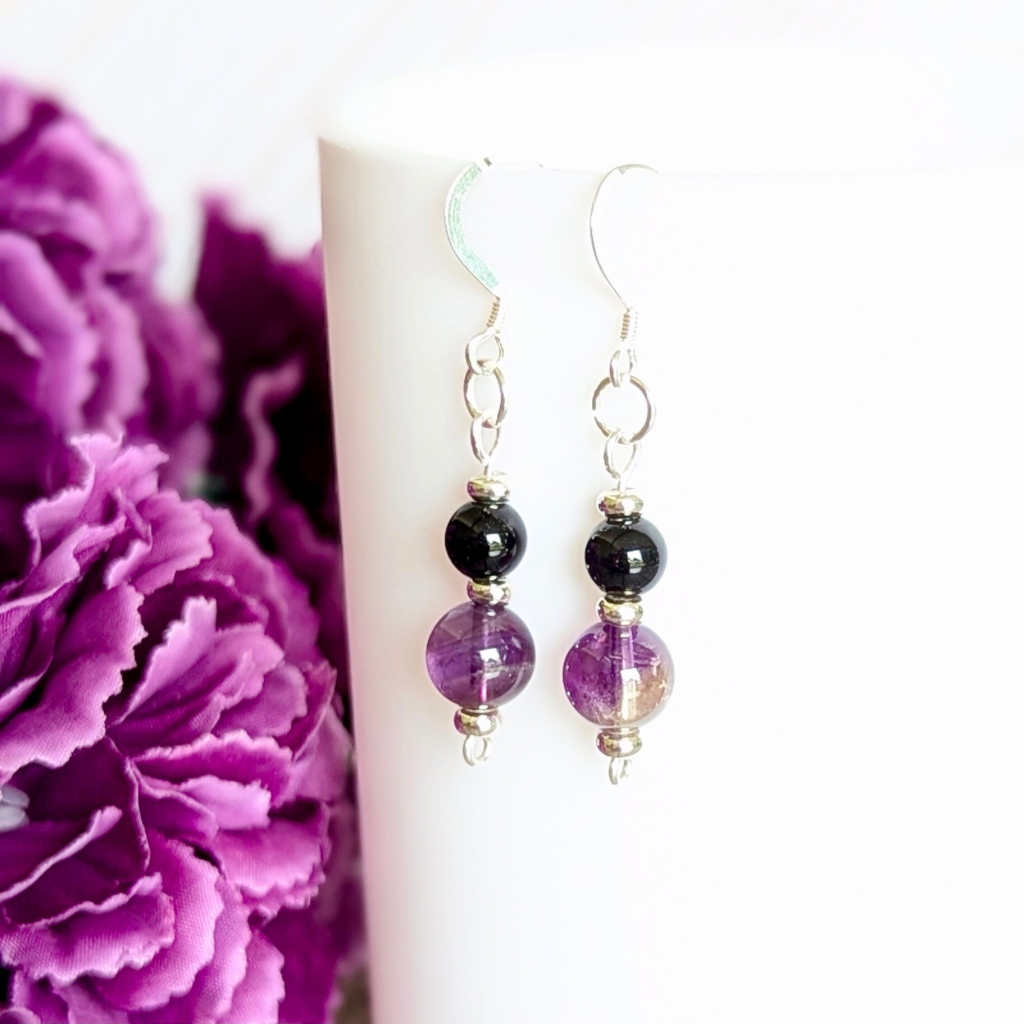 Amethyst & Black onyx sterling silver earrings - handmade gemstone earrings