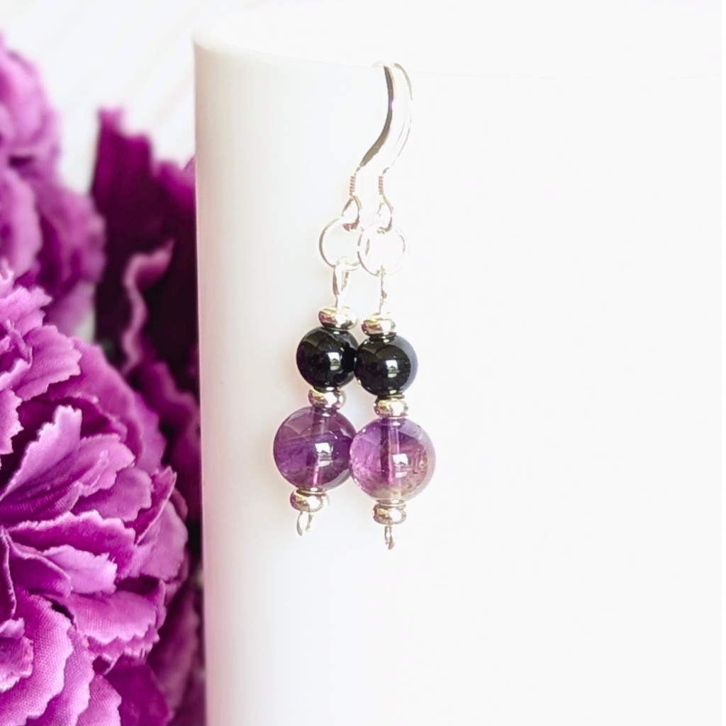 Amethyst & Black onyx sterling silver earrings - handmade gemstone earrings