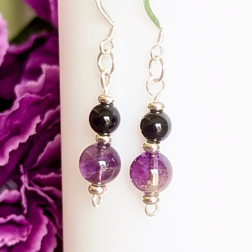 Amethyst & Black onyx sterling silver earrings - handmade gemstone earrings
