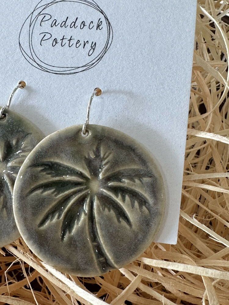 Paddock Pottery Handmade ceramic earrings with Palm Tree Design and Silver Hooks