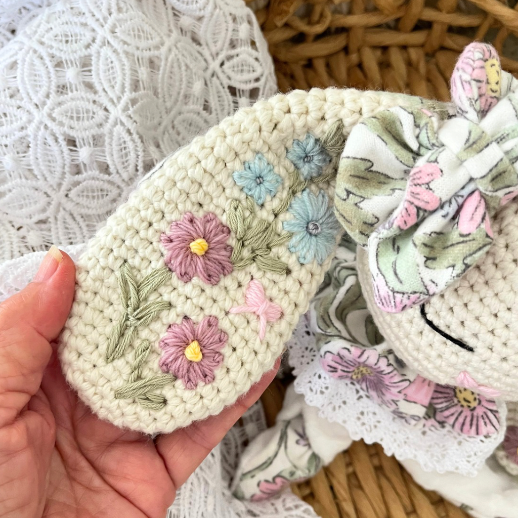 Crochet Bunny Snuggler, Crochet Embroidered Bunny Snuggler