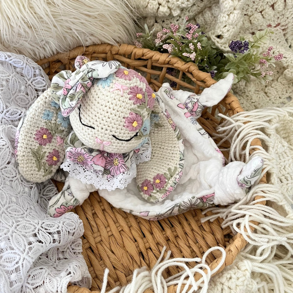 Crochet Bunny Snuggler, Crochet Embroidered Bunny Snuggler