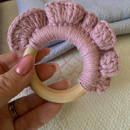 Crochet Wooden Teething Ring – Handmade Baby Teether – Natural Wood & Soft Yarn – Baby Shower Gift