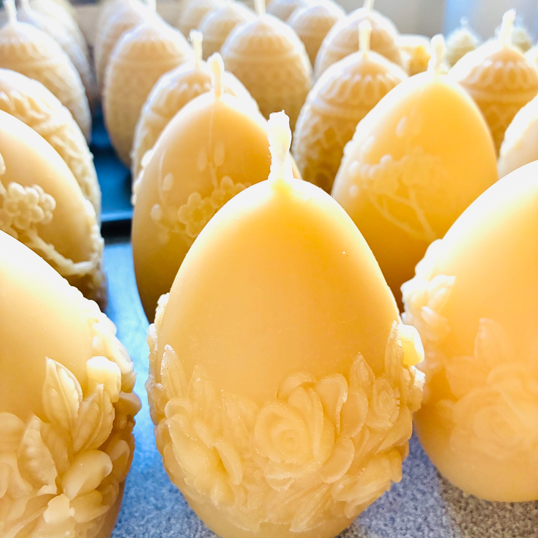 Beeswax Egg Candle Pattern 30 Hour Burn Time | Roses ~ Geometric ~ Plum Blossom