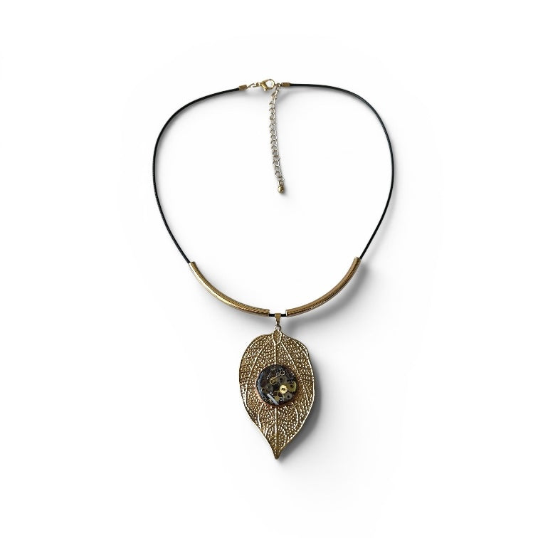 Steampunk watch parts gold leaf necklace