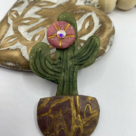 Cactus brooch, whimsical with a crystal accent