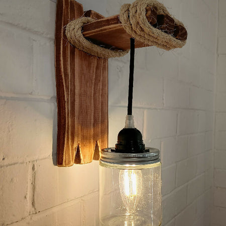 Wall Sconce From Natural Wood and Canning Jar, Handmade Original Wooden Sconce, Rustic Wall Fixture, Wood Wall Lamp, Pendant Wall Light