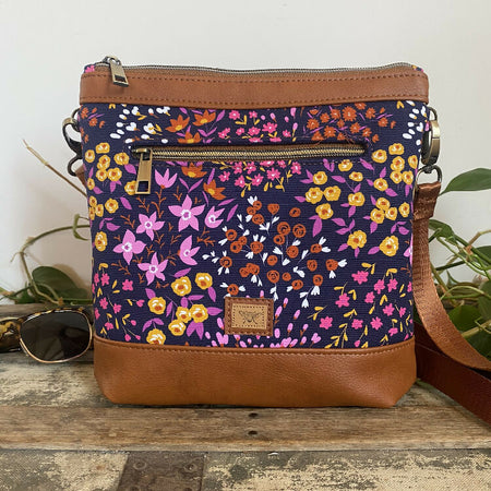 Mia Crossbody Bag - Lilac Floral on Navy/Tan Faux Leather