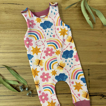 Baby Stretch Overalls - Pink Flowers Stars Rainbows