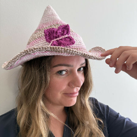 Crochet Sprite Cap with flower accessory
