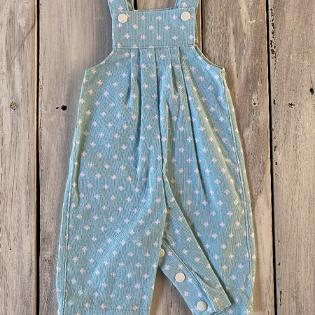 Corduroy Childs overalls white crosses on blue size 0000