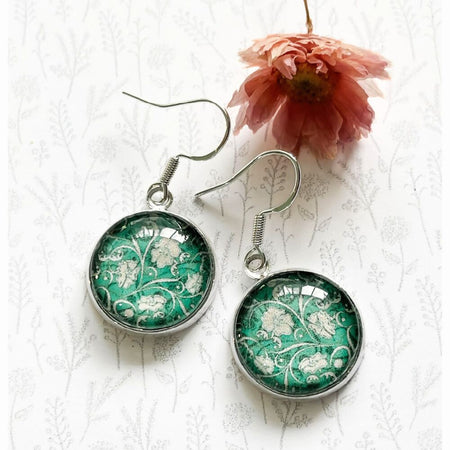 Green Earrings made with Paper and Glass
