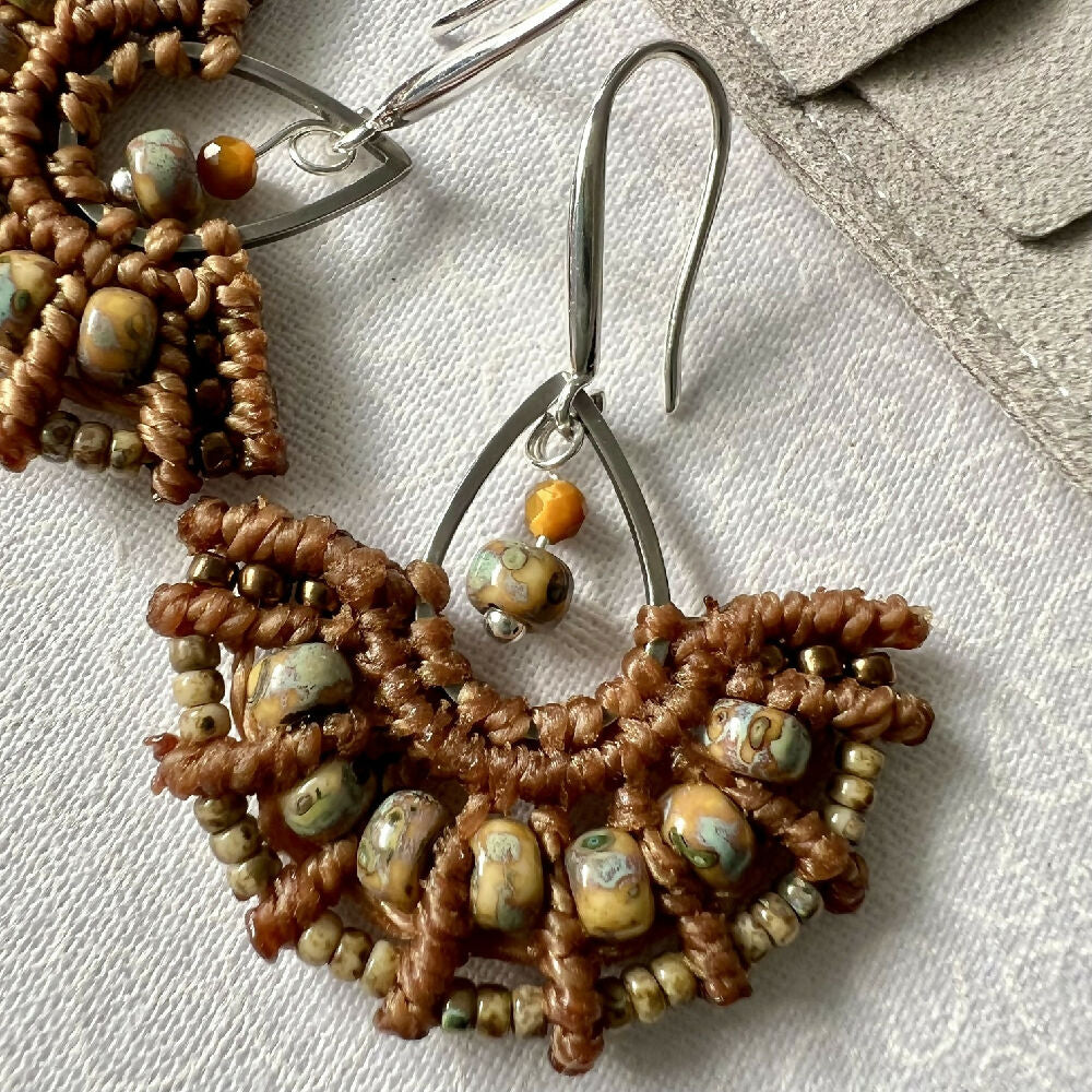 Brown Micro Macrame Earrings - Brown Miyuki +Free Microfibre Pouch