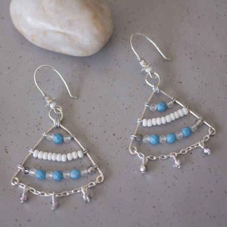 Blue and White Beaded Dangle Earrings, Tribal Style Earrings