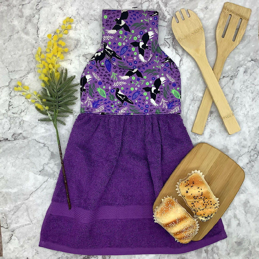 Australian Magpies hanging hand towel with fabric and loop top. - 4 Designs