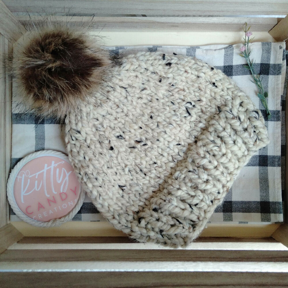 Knitted Super Bulky Beanie Oatmeal Toffee Pompom