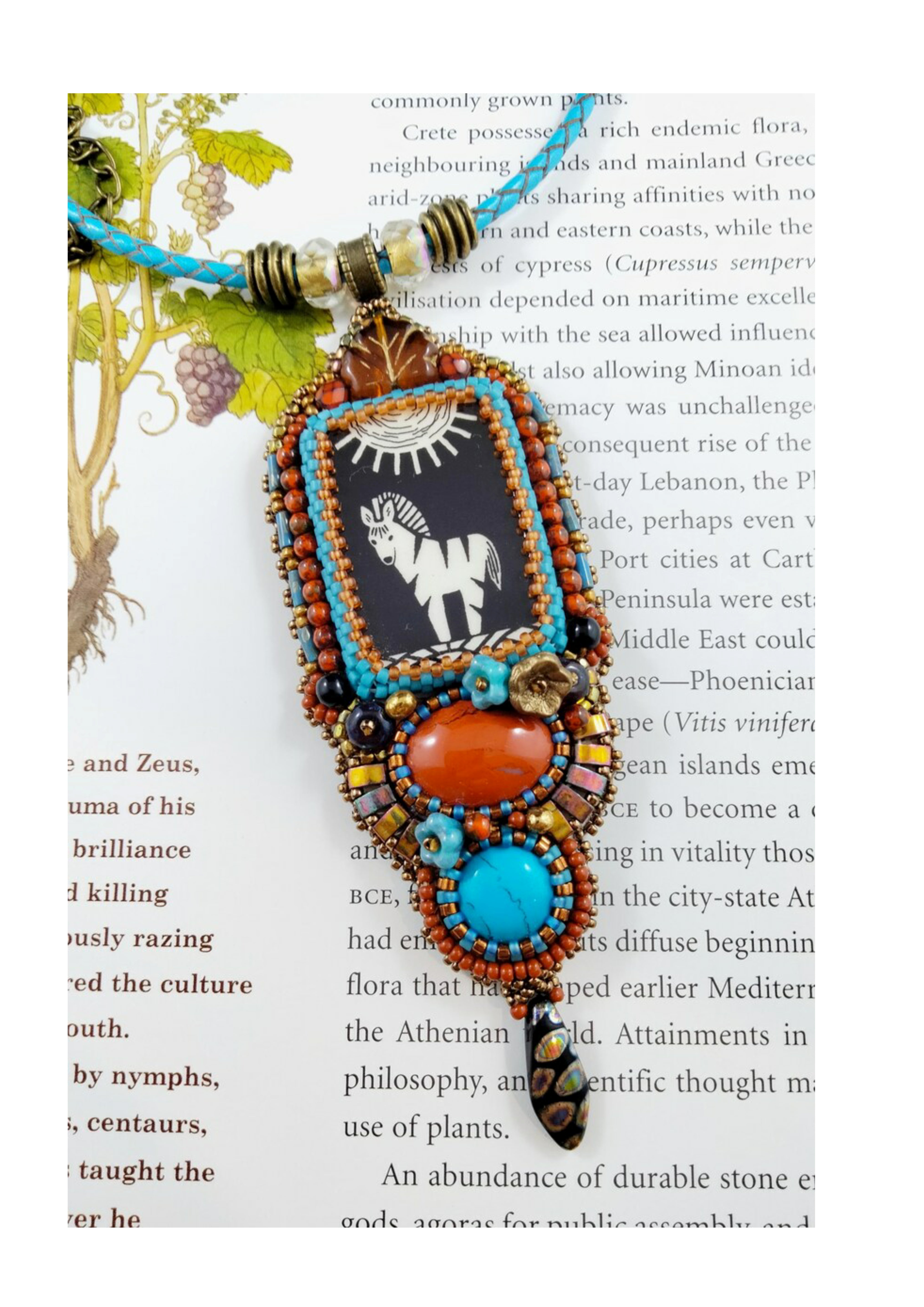 Zebra in Sunshine Pendant Necklace with hand painted enamel cabochon