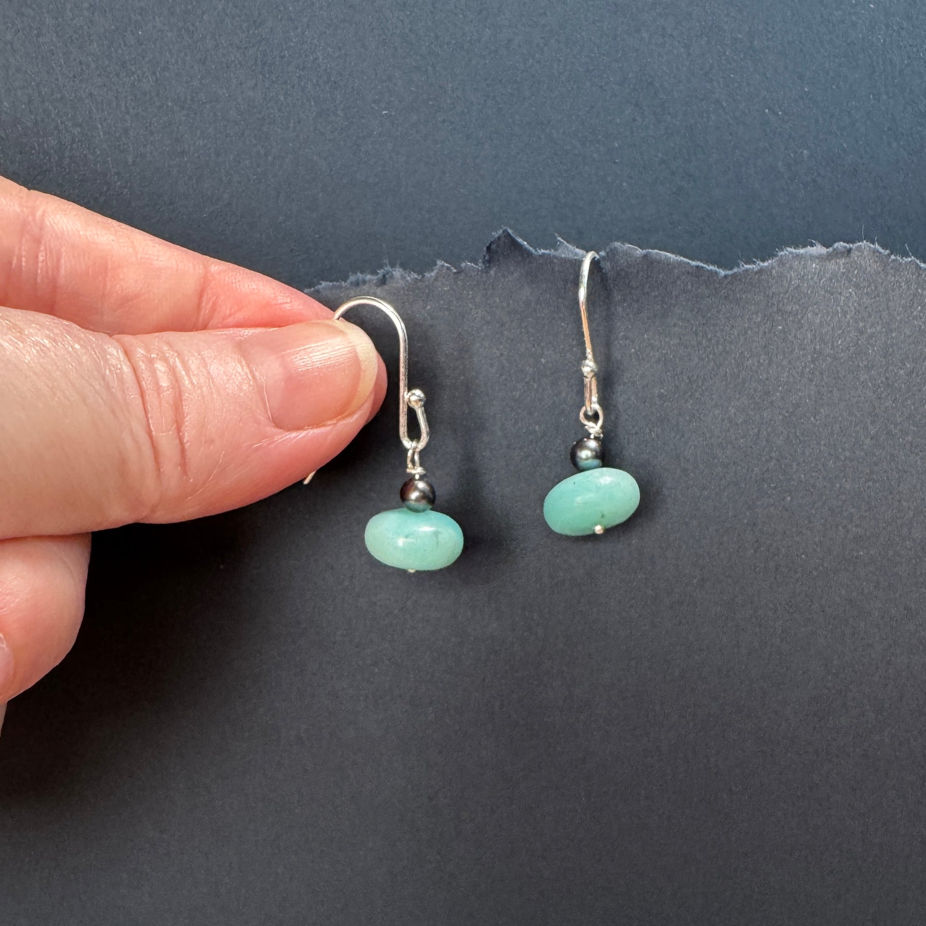 Amazonite with black fresh water pearl sterling silver earrings