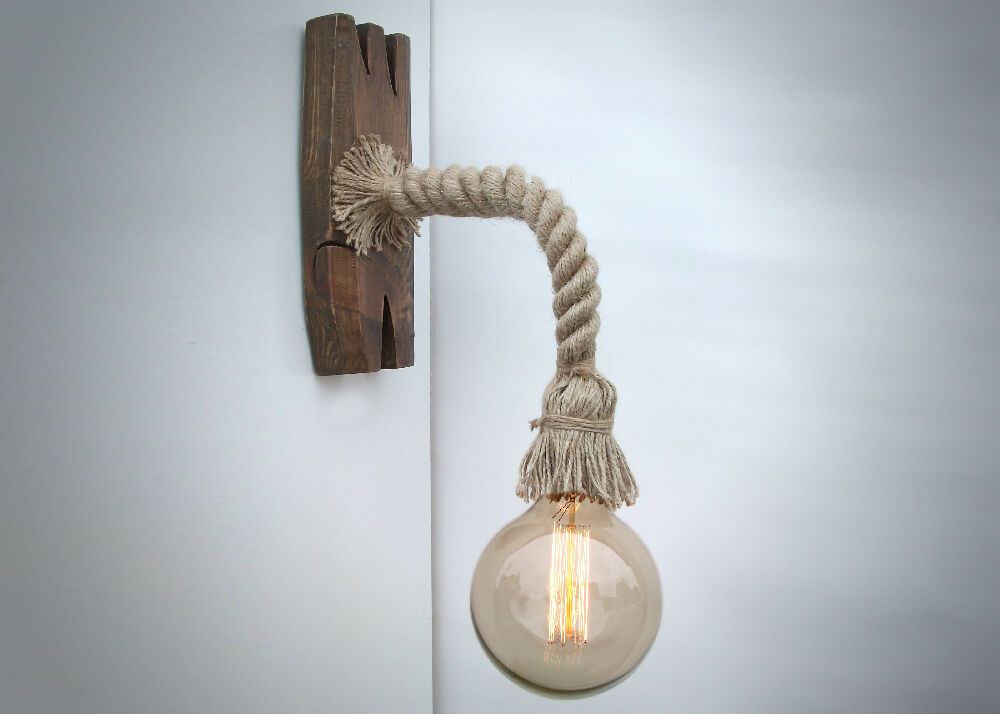 Wall light made from a rope and natural wood