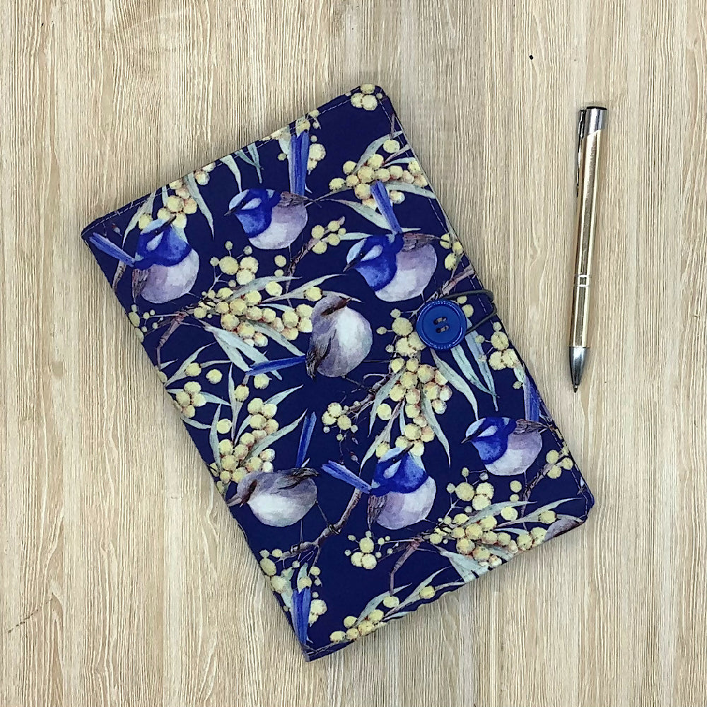 Blue Wren (white) refillable A5 fabric notebook cover gift set - Incl. book and pen.