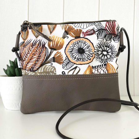 Cross Body Sling Bag in Leather and Tan Canvas with Natives