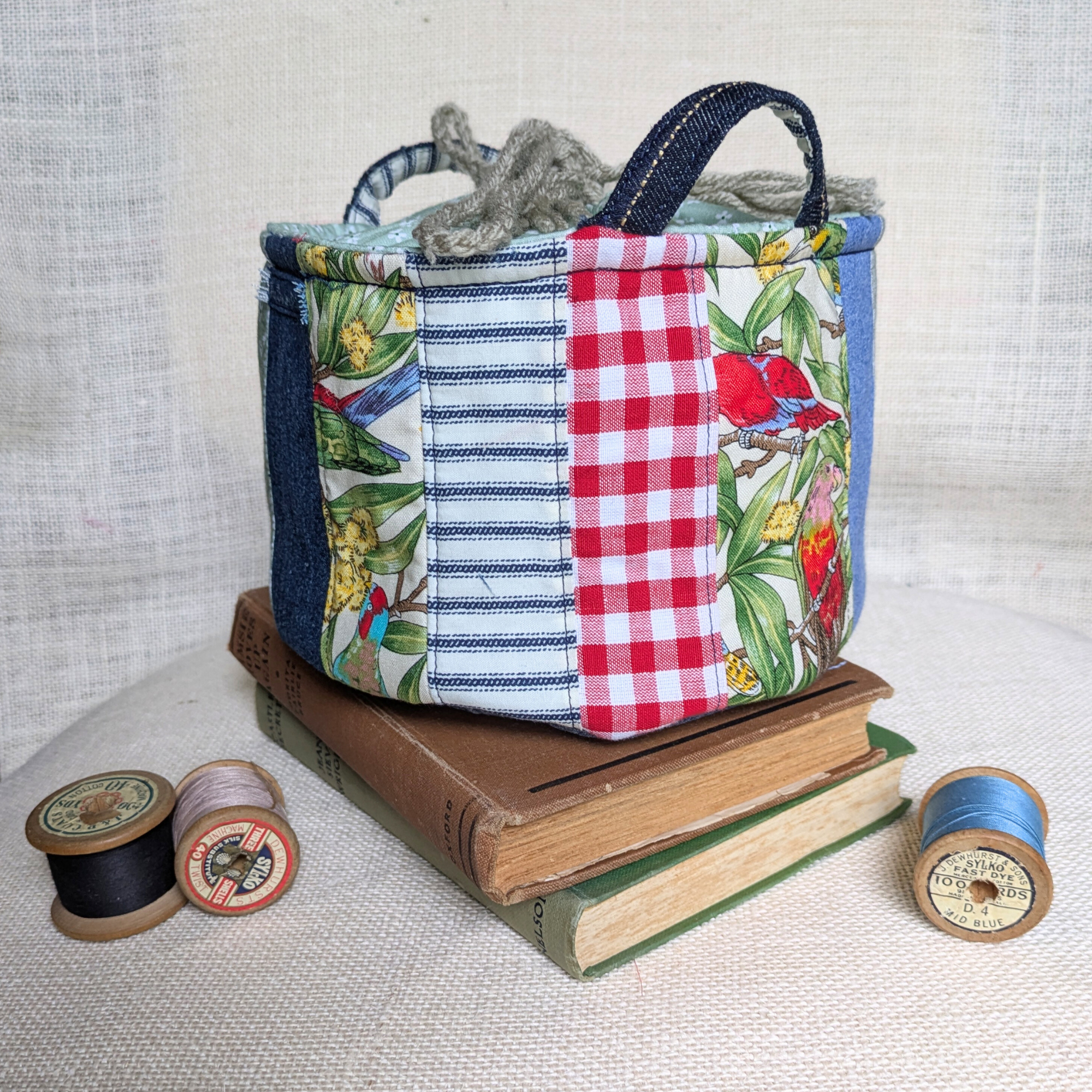 Upcycled Denim Storage Basket and Gift Bag Patchwork, Birds