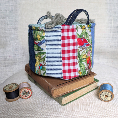 Upcycled Denim Storage Basket and Gift Bag Patchwork, Birds