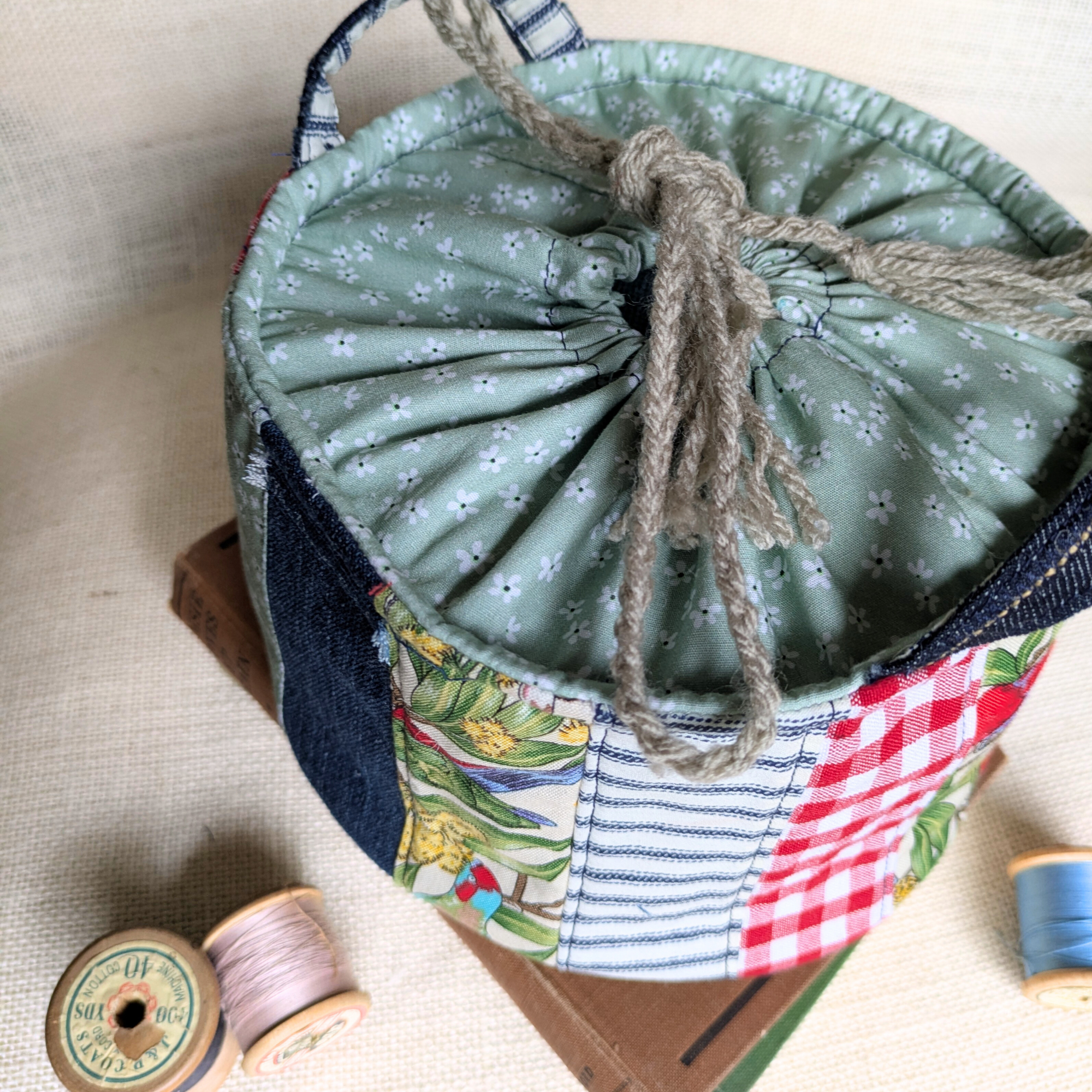 Upcycled Denim Storage Basket and Gift Bag Patchwork, Birds