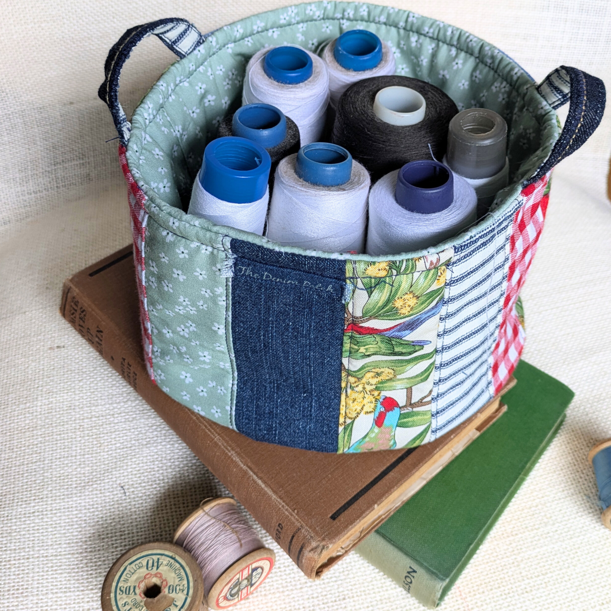 Upcycled Denim Storage Basket and Gift Bag Patchwork, Birds